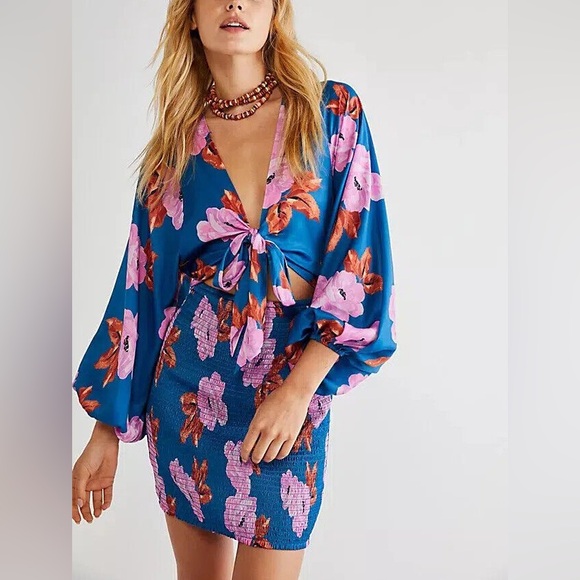 Free People Dresses & Skirts - NWT Free People Cassie Floral Tie Front Mini Ruched Tropical Vacation Dress